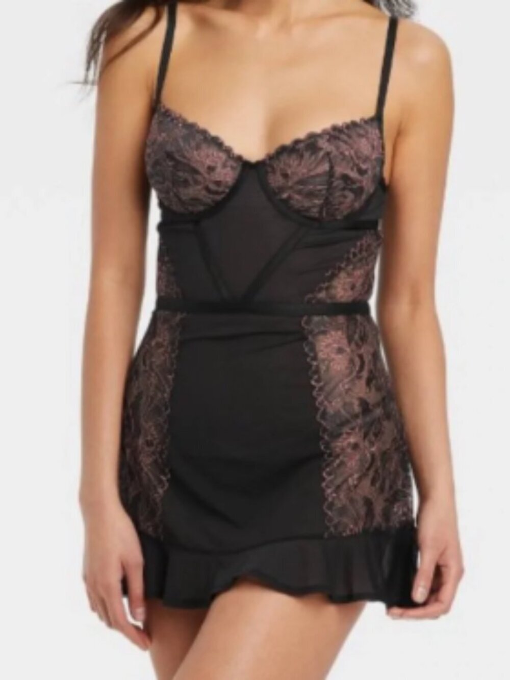 Auden Black Sheer Slip Cami with Pink Lace Accents Intimates Size Large